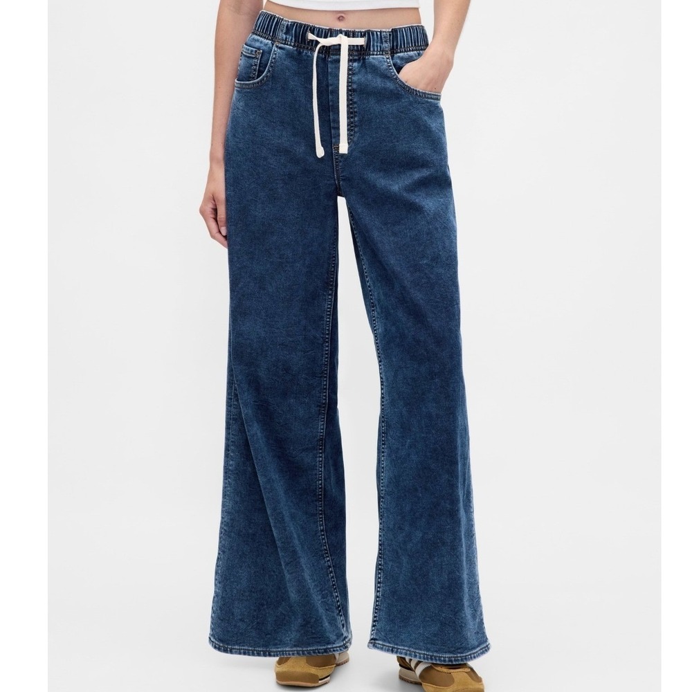 Gap TALL Wide Leg Knit Pull On Drawstring Jeans Pajama Drape Denim Medium Tall